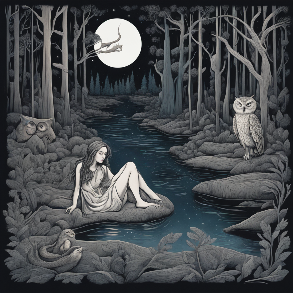 KREA AI - realistic forest in picasso style, by night,owls,w...