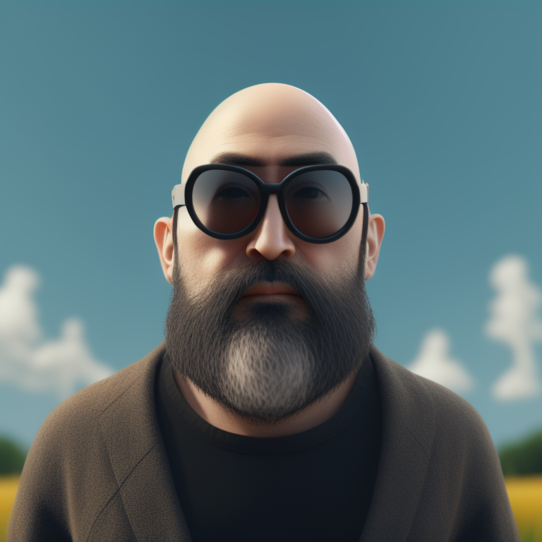 KREA AI - bald man with black beard and round sunglasses, st...